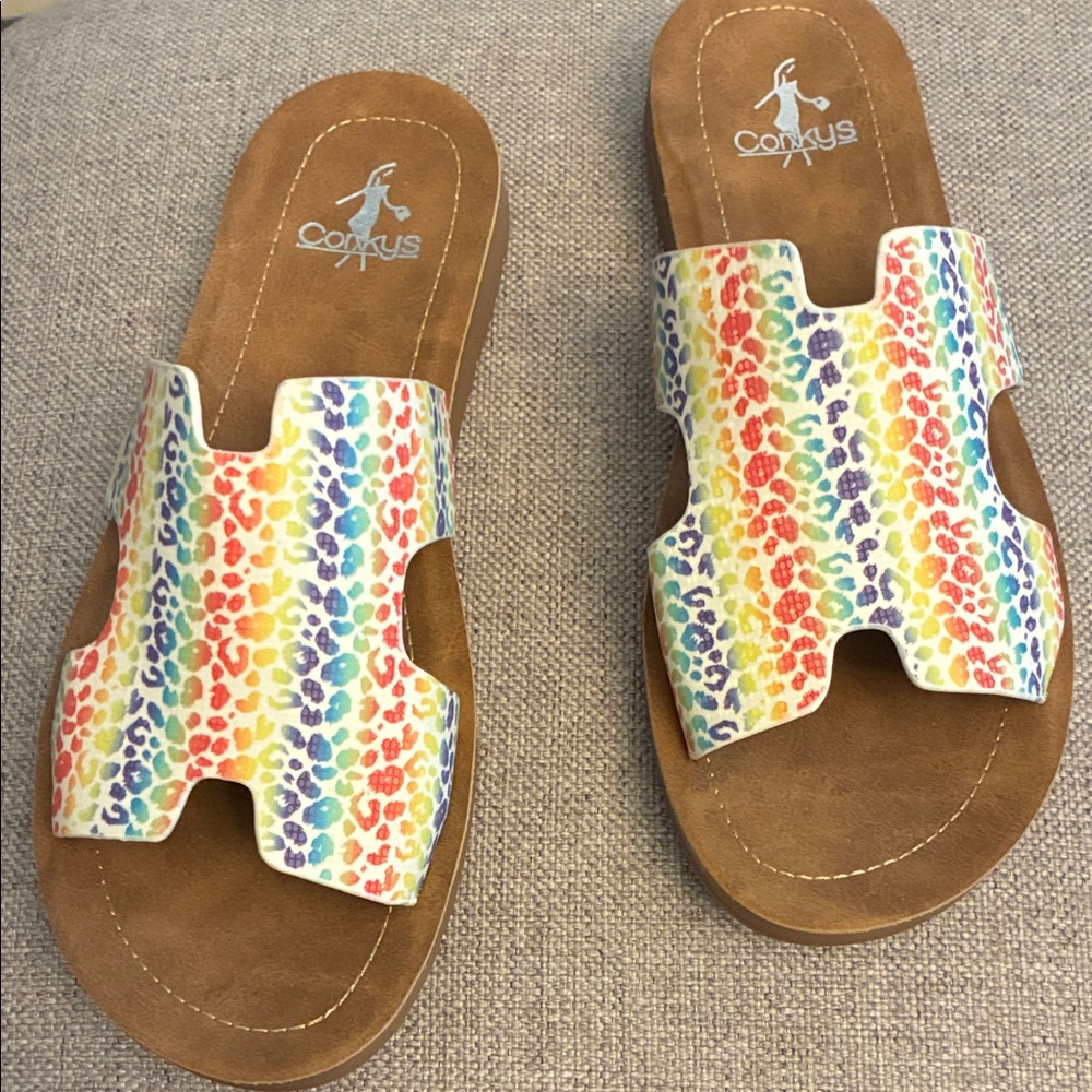 Corkys Multicolor Rainbow Leopard Slide Sandals with Brown Footbed